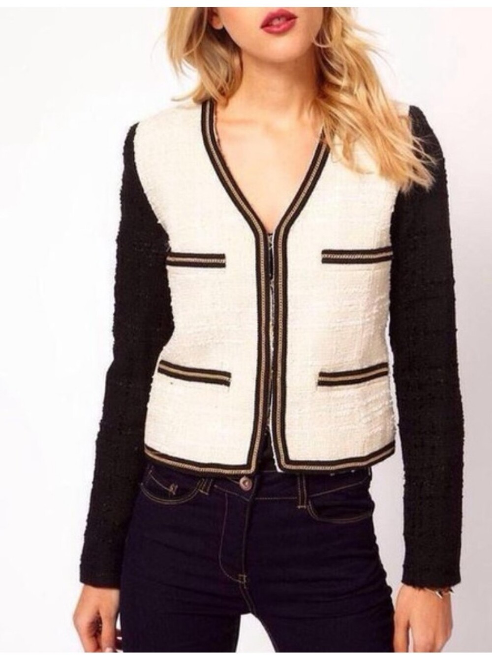 Mango Tweed Jacket featuring a cream color-block body, black sleeves Size XS